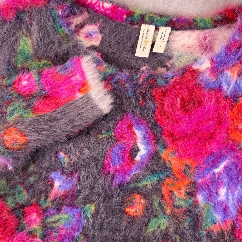 Anthropologie Meadow Rue Fuzzy Floral Eyelash Knit Sweater Multi Color XS